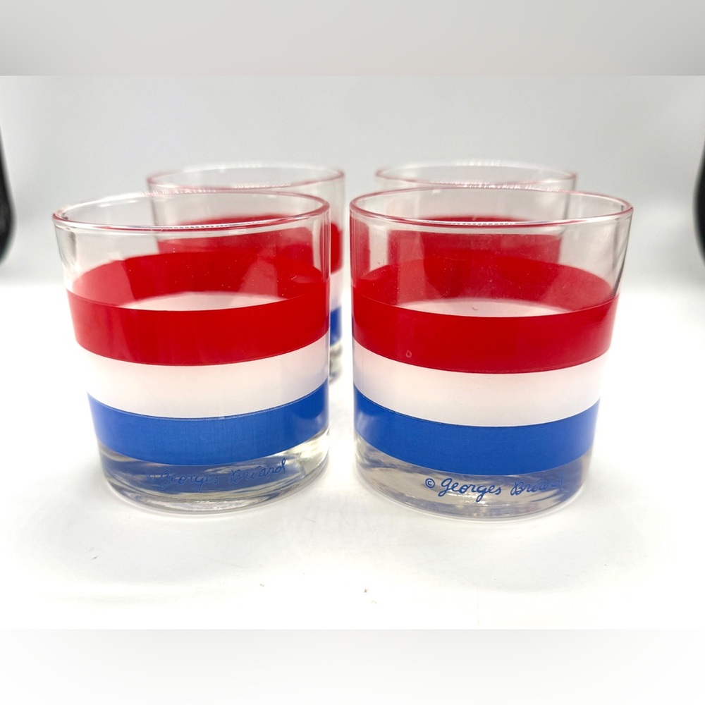 4Pc VTG Georges Briard Red White and Blue Striped Lowball Old Fashioned Glasses